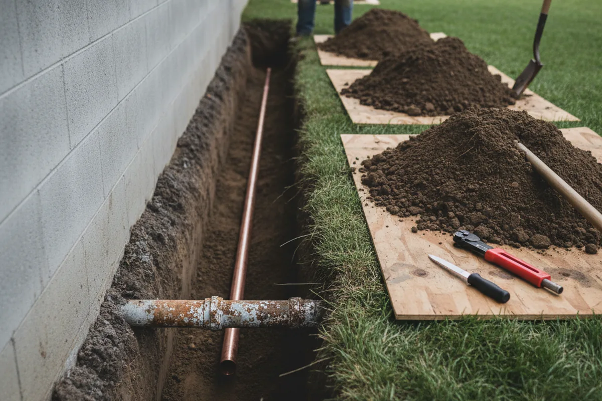 Excavated water line trench during Water Heater Repair in Jamieson